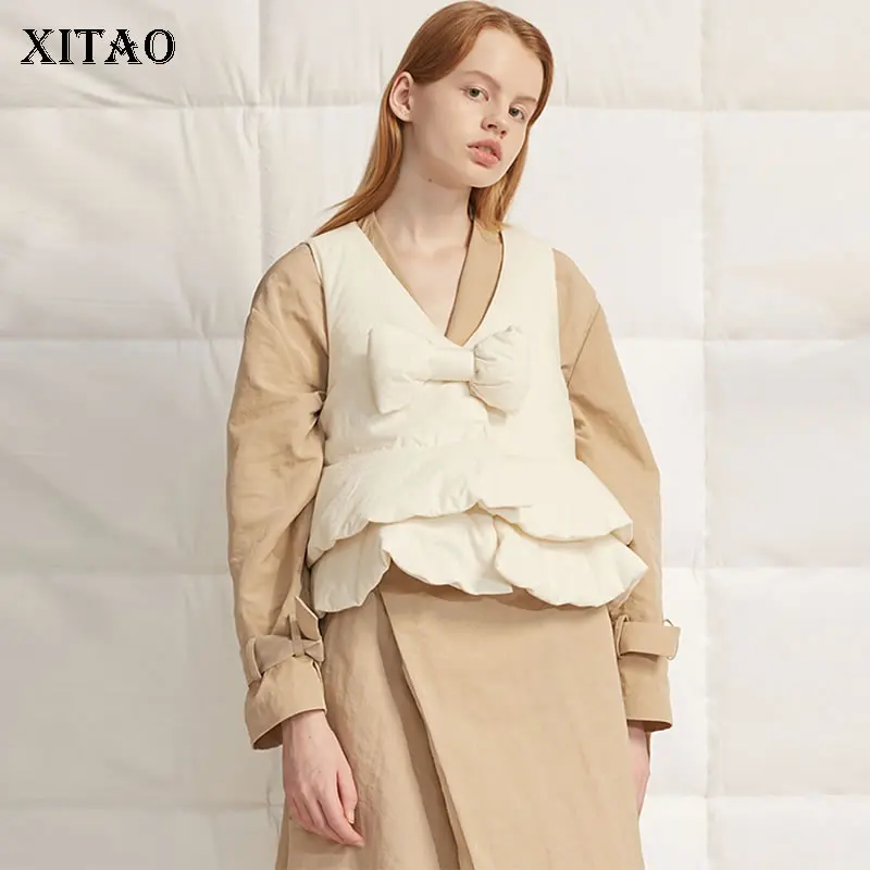 XITAO короткий плиссированный жилет с бантом, женская одежда, свободное повседневное пальто с v-образным вырезом без рукавов, модное пальто DMY1135