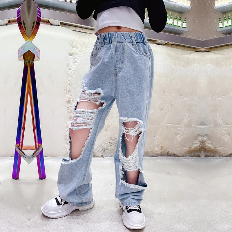 Spring Girls Jeans Ripped Light Blue Denim Trousers Broken Holes High Waist Wide Leg Pants Summer 5 14 Years Big Children S Wear Jeans Aliexpress