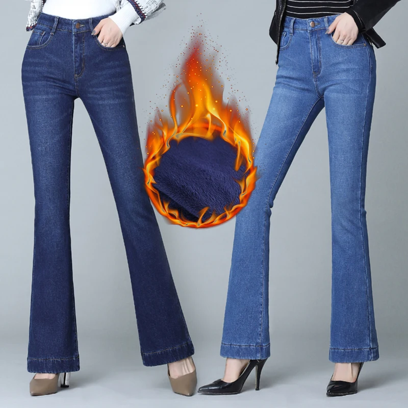 Winter Fleece Flared Pants Jeans Women New Fashion High Waist Stretch Slim TWide Legs Hick Velvet Female Denim Trousers