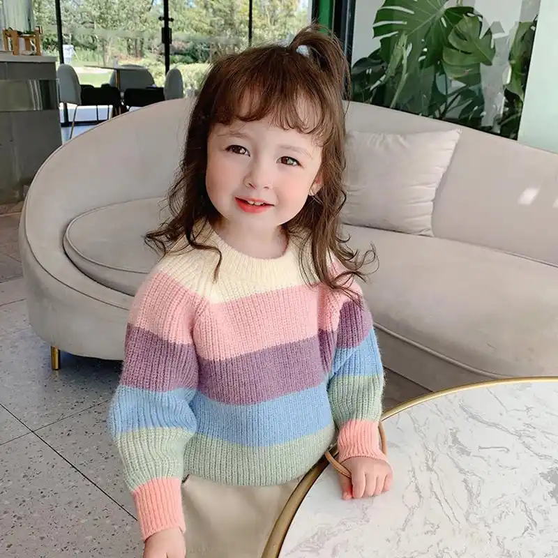 21ファッションかわいい冬暖かい虹ニットセーター子供服女の赤ちゃんキッズ幼児ティーントップス高品質 セーター Aliexpress
