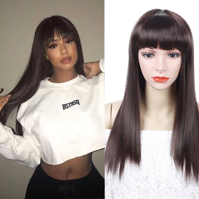 

JINKAILI Long Straight With Bangs Cosplay Wig Party Heat Resistant Synthetic Dark Brown Wigs For White Black Women