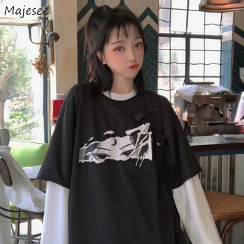 

T-shirts Women Cool 2020 Spring Cartoon Printed Long Sleeve Fake Two Pieces Unisex Womens Streetwear Hip Hop Casual Harajuku Ins