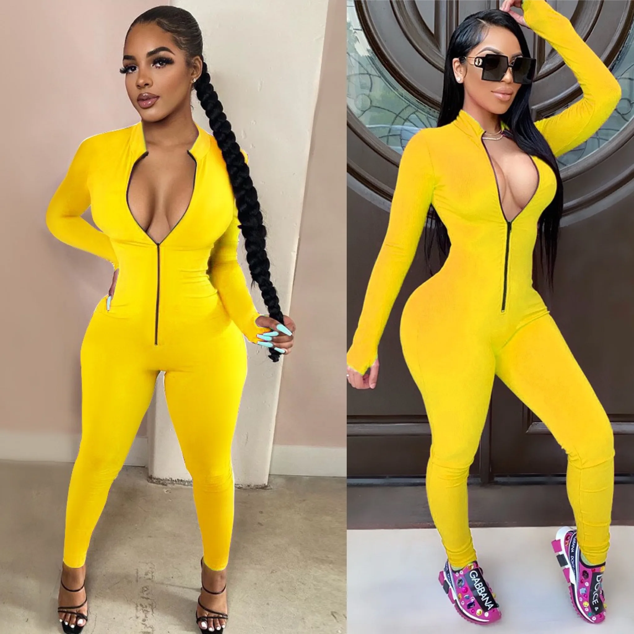 

New Fall Winter Womens Sexy Jumpsuits Long Sleeve and Front Zippier One Piece Set Rompers S to 5XL Plus Size Jumpsuits