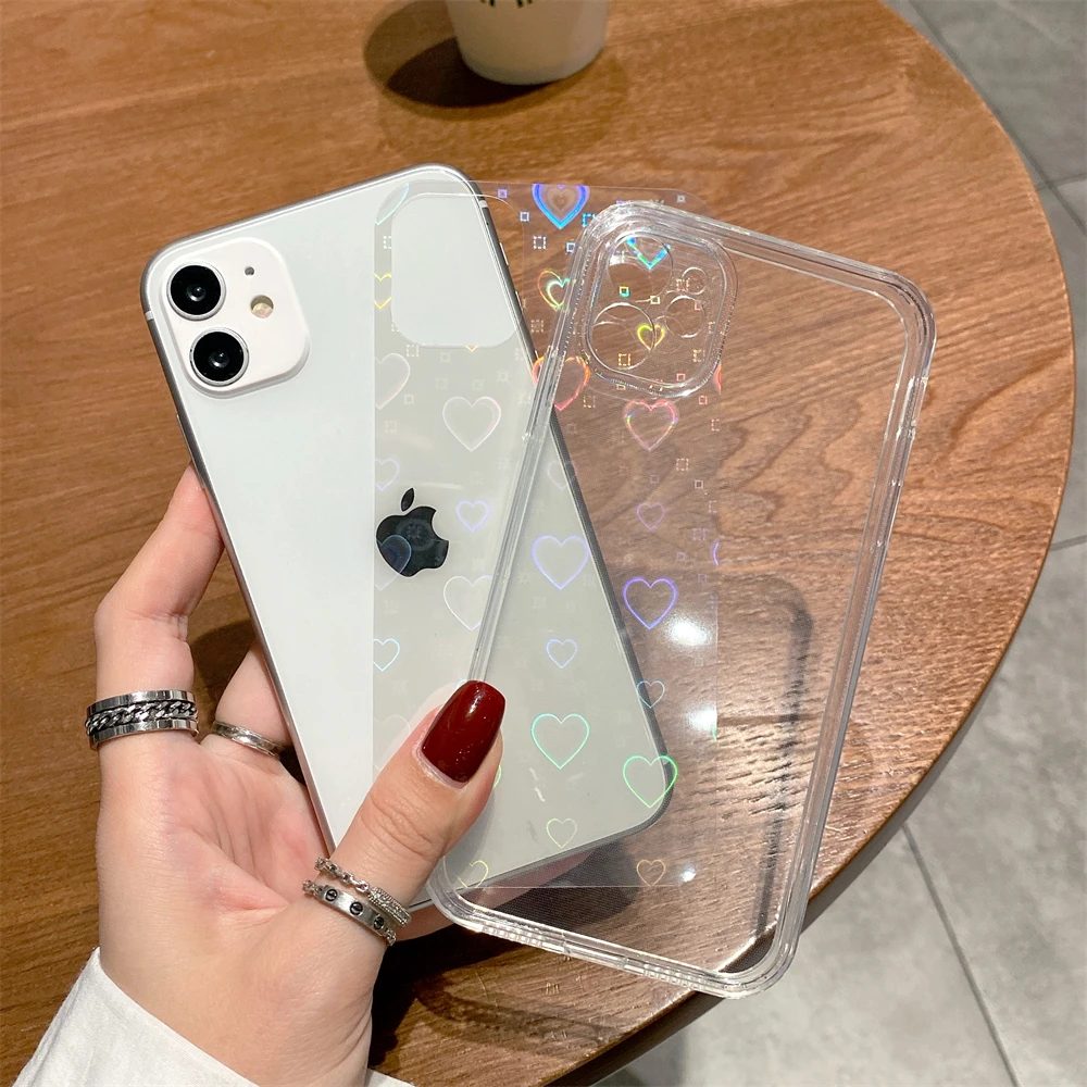 Fashion Gradient Laser Love Heart Leaf Pattern Case For iPhone 13 11 12 Pro Max X XS XR 7 8 Plus SE 2020 Clear Cover With Hearts