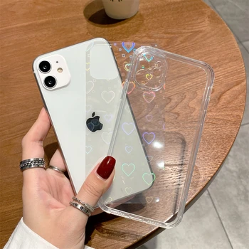 Fashion Gradient Laser Love Heart Leaf Pattern Case For iPhone 13 11 12 Pro Max X XS XR 7 8 Plus SE 2020 Clear Cover With Hearts 6