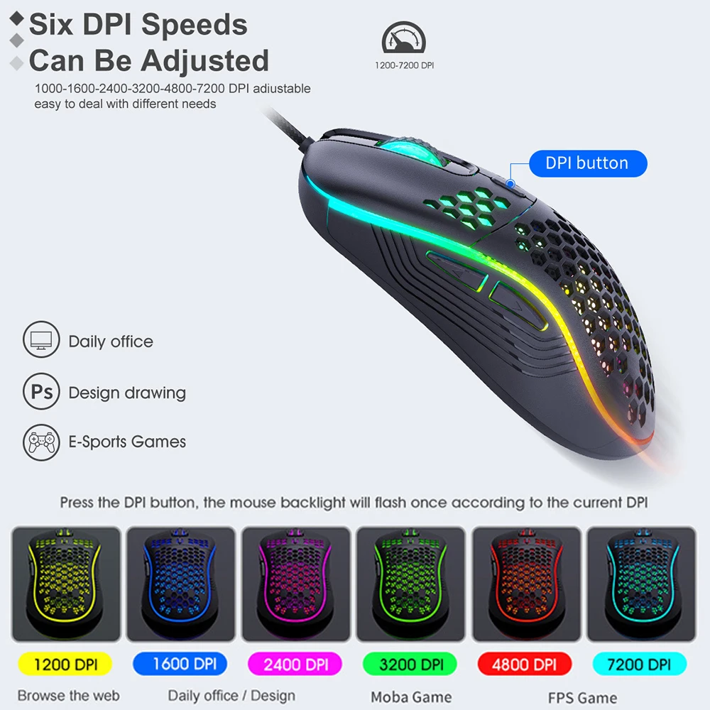 Usb Wired Mechanical Gaming Mouse Luminous Light Optical Ajustável Gamer Mice para pc Jogo de Computador 7200dpi - Imagem 2