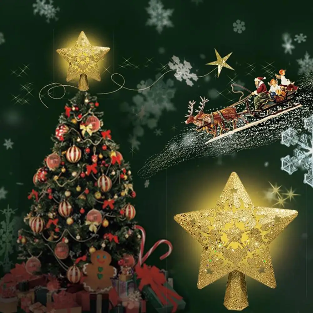 

Hollow 3D Glitter Lighted Star Christmas Tree Toppers With Built-in Rotating LED Snowflake Projector Lights Home Decoration