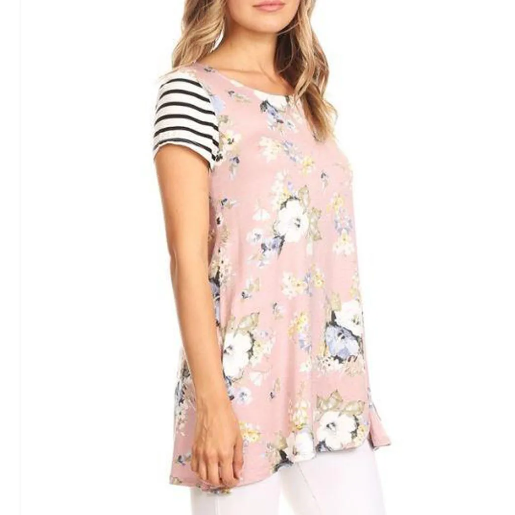 MUQGEW Женская одежда для беременных с коротким рукавом в полоску Цветочная блузка с принтом топы