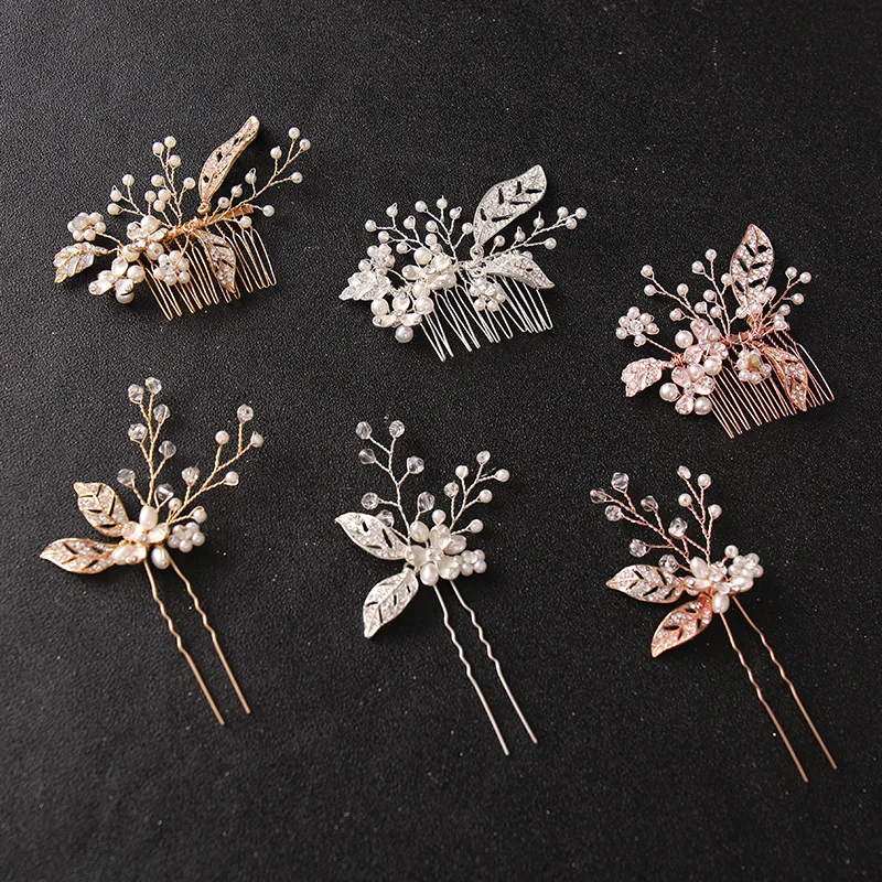 

SLBRIDAL Handmade 3 Colors Rhinestones Crystal Pearls Bridal Hair Comb Hair Pin Set Women Bridesmaids Hair Jewelry Accessories