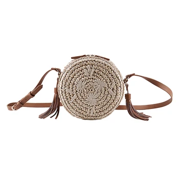 

NEW-Fashion Tassel Round Straw Bag Small Fresh Embroidered Retro Beach Bag Casual Woven Handbag For Women