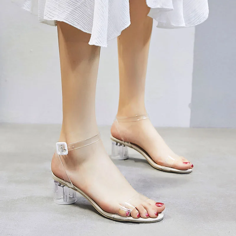 EAGSITY/Модные прозрачные босоножки на квадратном каблуке; женские босоножки на высоком каблуке; женские пикантные вечерние туфли-лодочки с ремешком на щиколотке на квадратном каблуке - Цвет: transparent