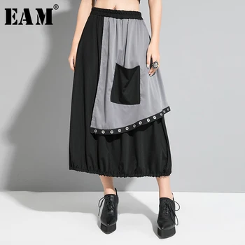 

[EAM] High Elastic Waist Black Contrast Color Split Pocket Half-body Skirt Women Fashion Tide New Spring Autumn 2020 1R636