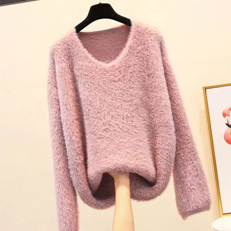 Осень зима искусственный пуловер из норки и кашемира свитер женский свободный v-образный вырез меховые свитера джемпер мягкий теплый вязаный свитер C5985 - Цвет: purple pink tops