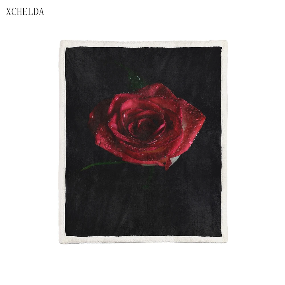

Red Rose Flower Microfiber Fabric Throw Blankets Sherpa Custom Print Weighted Fuzzy Blanket for Bed Sofa Couch Home Textiles