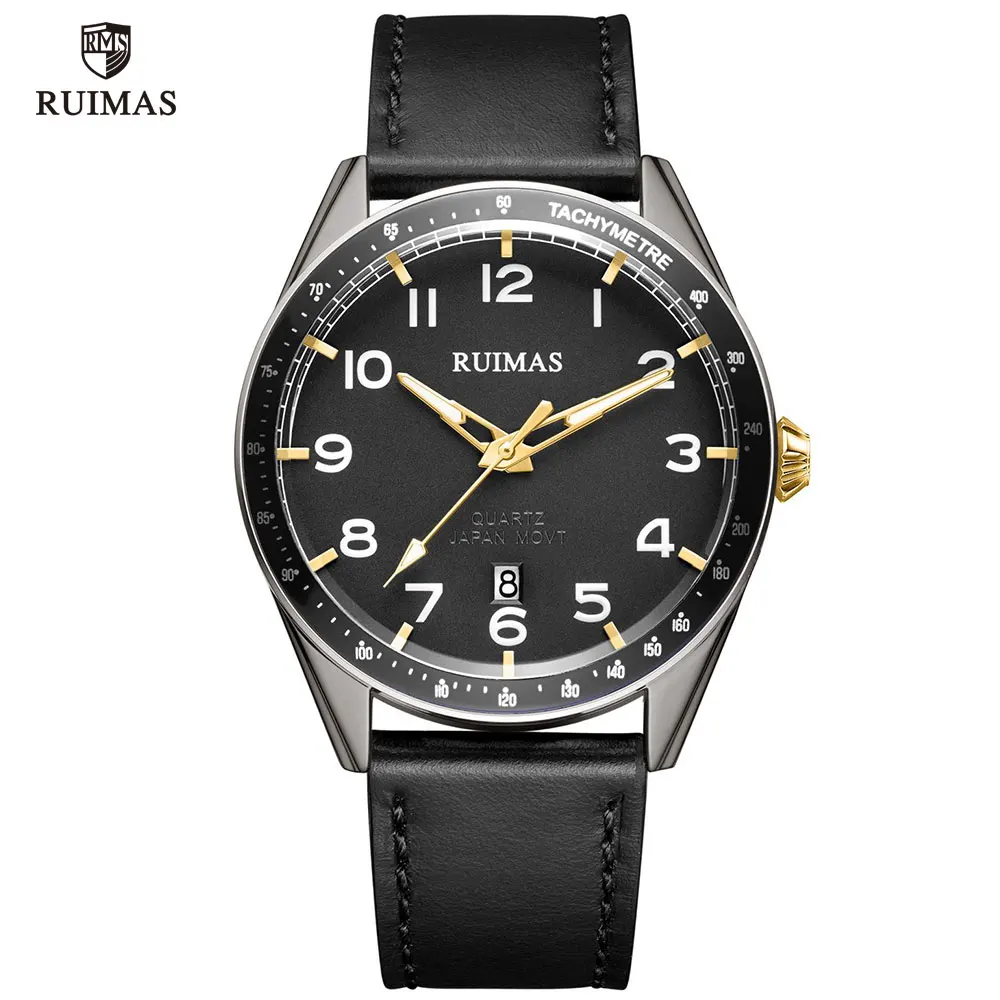 RL573G-Black RUIMAS мужские спортивные военные кварцевые часы мужские Топ люксовый бренд Аналоговые часы с датой Кожаный ремешок наручные часы мужские 573 - Цвет: RL573G-Black