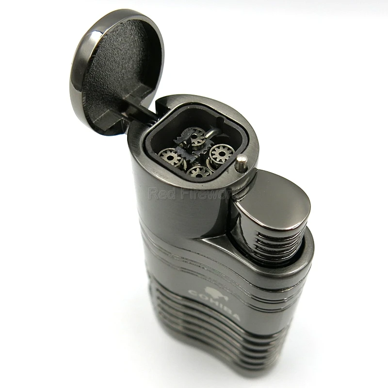 Зажигалки COHIBA из нержавеющей стали, ветрозащитные, 4 синих пламени, огонь, струйный фонарь, сигарета, зажигалка с газовым окном, портсигар