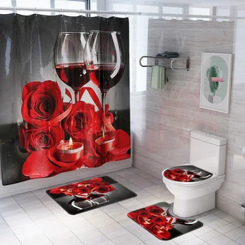 

4pcs With Rugs Gift Home Living Room Shower Curtain Set Non Slip Bathroom Decor Bath Mat Romantic Waterproof Polyester