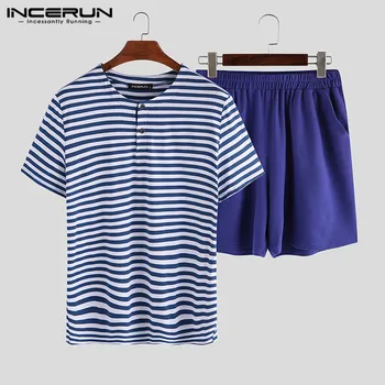 

INCERUN Couple Pajamas Sets Short Sleeve Striped Tops Solid Shorts Men Homewear Soft Unisex Loose Nightgown Women Sleepwear Sets