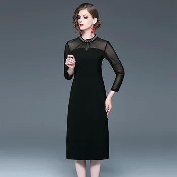 

women black mesh chiffon python floral dresses 2020 summer long sleeve casual sexy office work plus size dress slim elegant