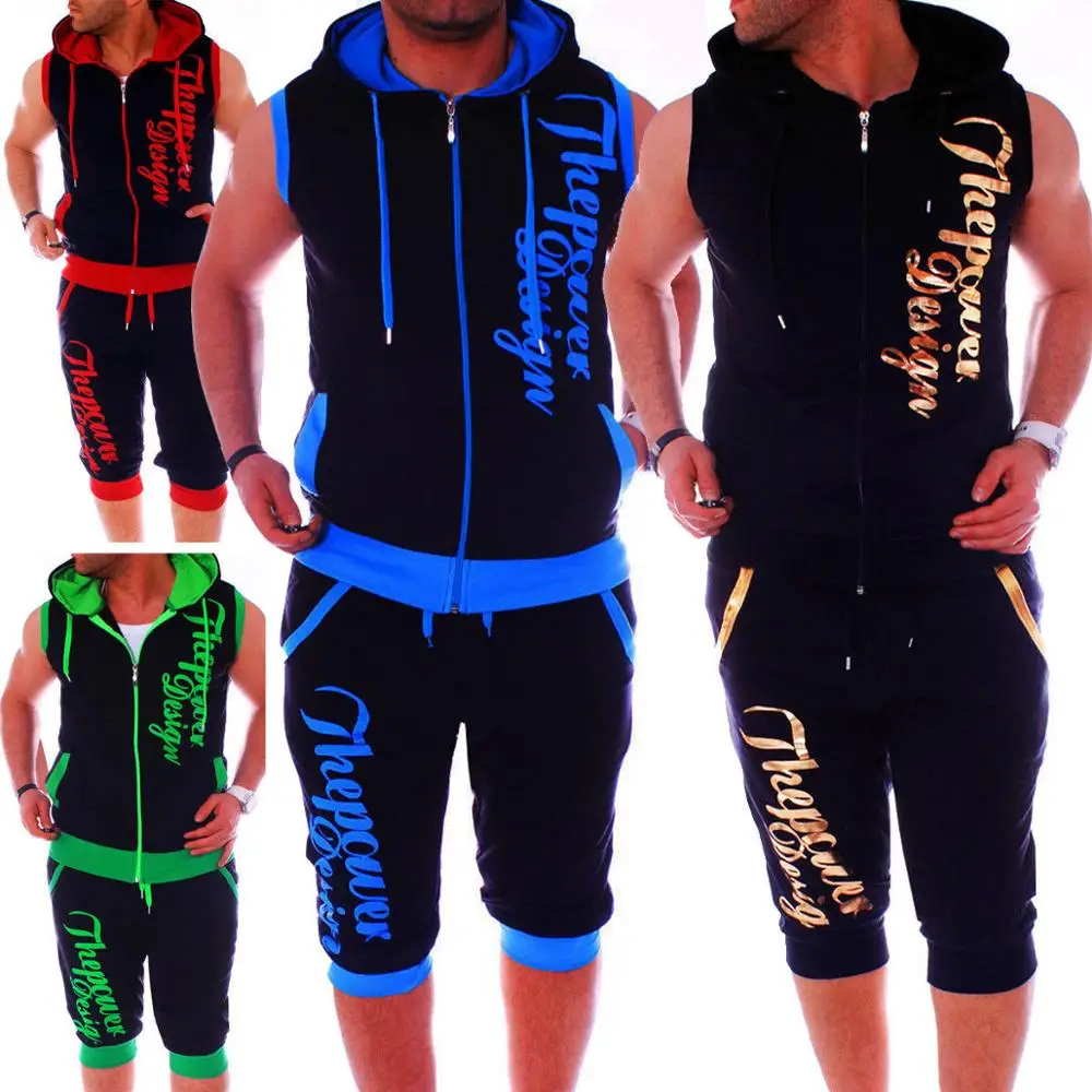 

Summer new men's hooded sleeveless printed sweater European and American men's sports short suit