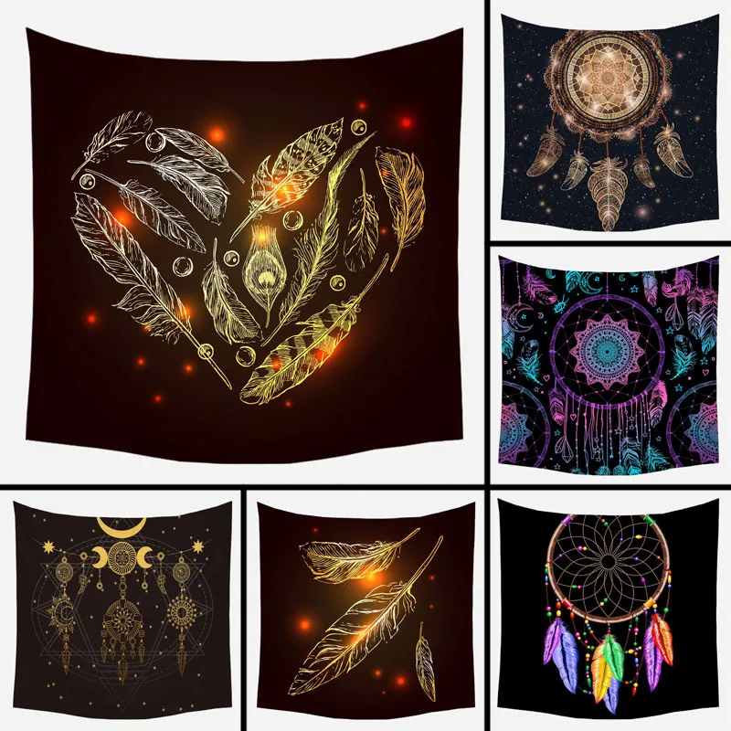 

1pcs 95*73cm Dream Catcher Feather Print Cloth Tapestry Polyester Hanging Wall Carpet Decorative Tapestry Home Decor