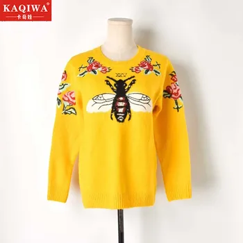 

New Colour-Coloured Embroidered Pullover Flower Jacquard Bee Knitted Sweater Female Round-collar Warm Yellow Sweater