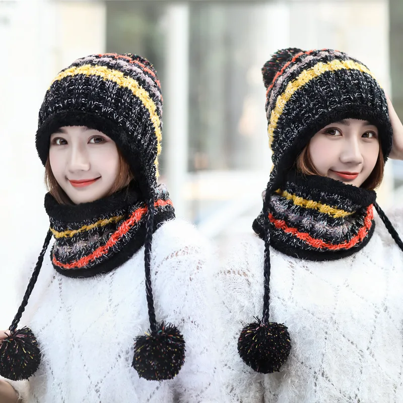 

New autumn and winter warm knitted hat ladies color matching hanging ball cap outdoor wind and cold woolen hat