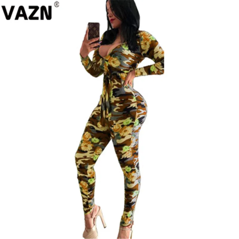 VAZN SM9061, новинка, популярные, камуфляжные, сексуальные, свободные, мягкие, модные, полный рукав, женские, эластичные, на шнуровке, длинные, узкие комбинезоны