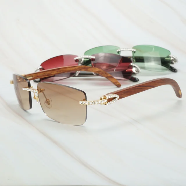 $US $45.00 Vintage Shinning Diamond Sunglasses Men Rhinestone Shades for Women Lentes De Sol Mujer Luxury Wood