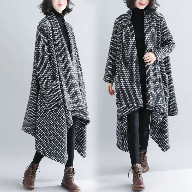 Irregular Windbreaker Women 2020 New Spring Autumn Lattice Thickened Large Size Long Cardigan Jacket Oversized Sweater Coat r175 |