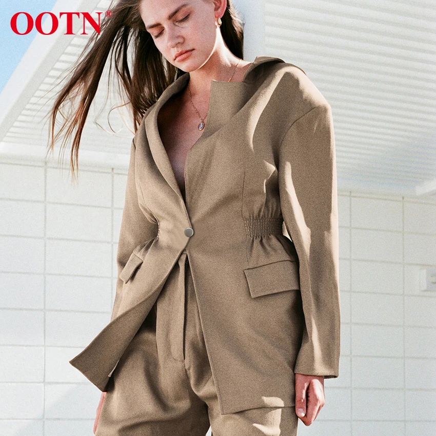 Женский блейзер с длинным рукавом OOTN коричневый пиджак глубоким v-образным