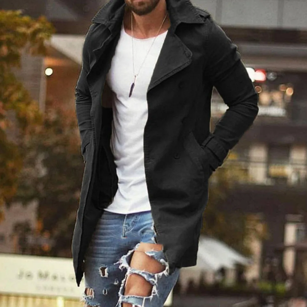 90% OFF Men Trench Coat Spring Autumn Long Sleeve Plus Size 2XL Black Causal Slim Outwear Windbreaker Long Overcoat Men's Coat 5 Colors
