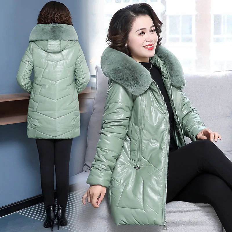 

Mom PU Leather Winter Western Style Coat Mid-length Warm Cotton-padded Clothes Middle Aged And Elderly People Women Jacket Thick