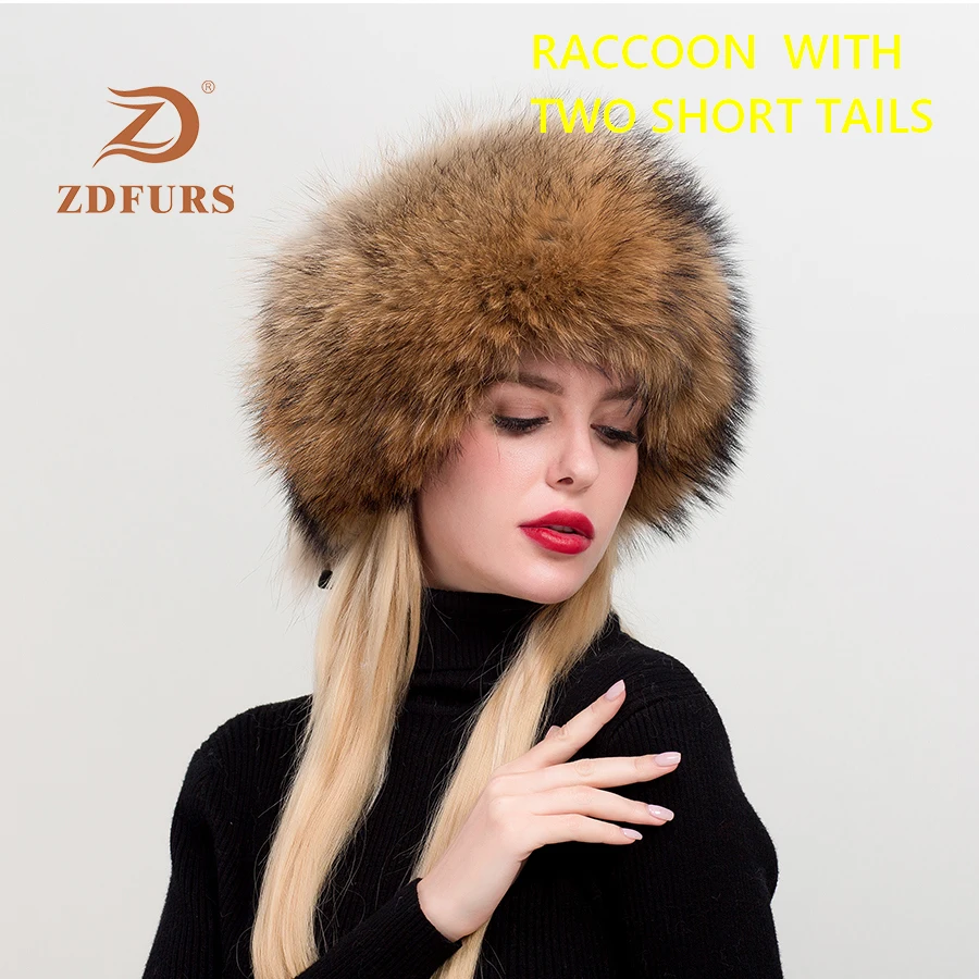 ZDFURS* Женская русская ушанка Авиатор Охотник лисий мех бомберы шапка натуральный Лисий мех шапки купол монгольская шапка - Цвет: raccoon 2 tails