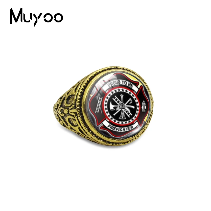

New Hot Firefighter Symbol Glass Cabochon Vintage Rings Hand Craft Jewelry Firefighter Logo Silver and Gold Antique Alloy Rings