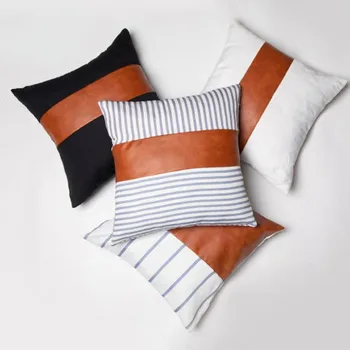 

Solid PU Leather Canvas Stripes Stitching Pillowcases Decoration Cushions Covers for Sofa Bed Car Seat Waterproof Throw Pillows
