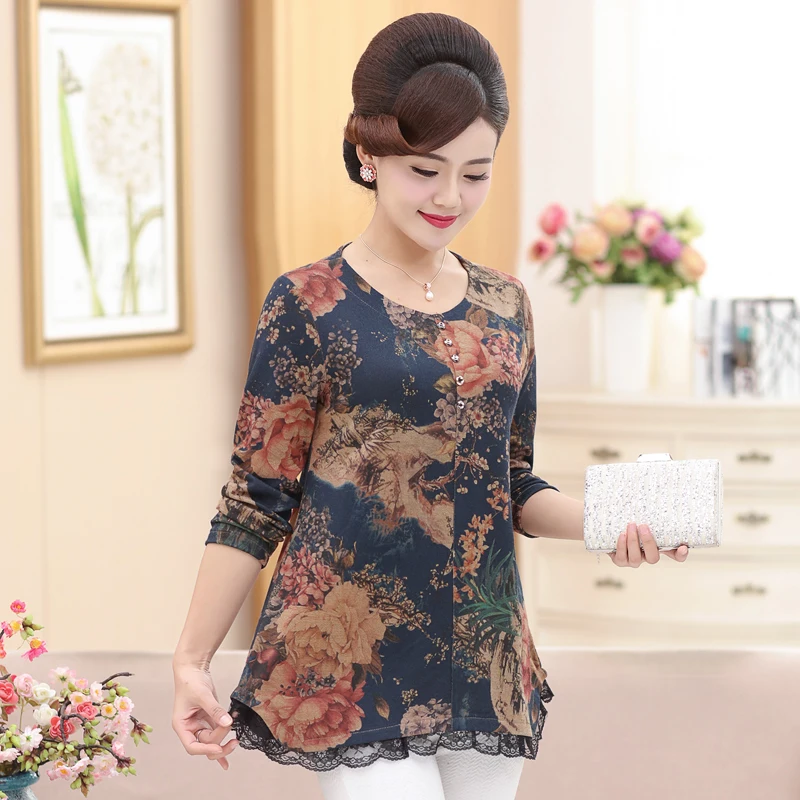 Топы с круглым вырезом для женщин Camisas Mujer; сезон весна-осень; большие размеры для женщин средних лет; пуловер с цветочным принтом; футболка с длинными рукавами