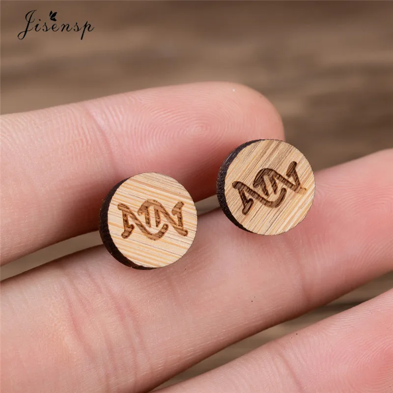 Jisensp Unique Design Tiny Handmade DNA Stud Earrings for Women Wooden Minimalism Geometric Round Earring Personality bijoux