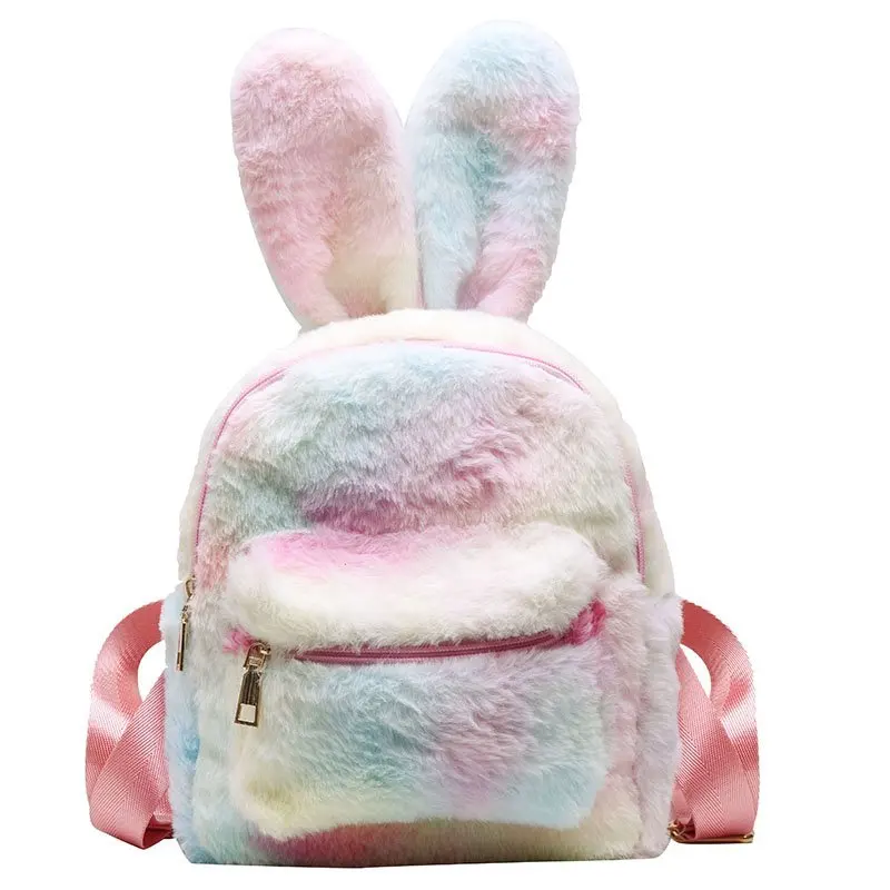 Rabbit Ears Tie Dye Plush Backpack For Women Faux Fur Shoulders Bag Cute Furry Mini Backpacks Girl Fluffy Bag 2021 Winter New