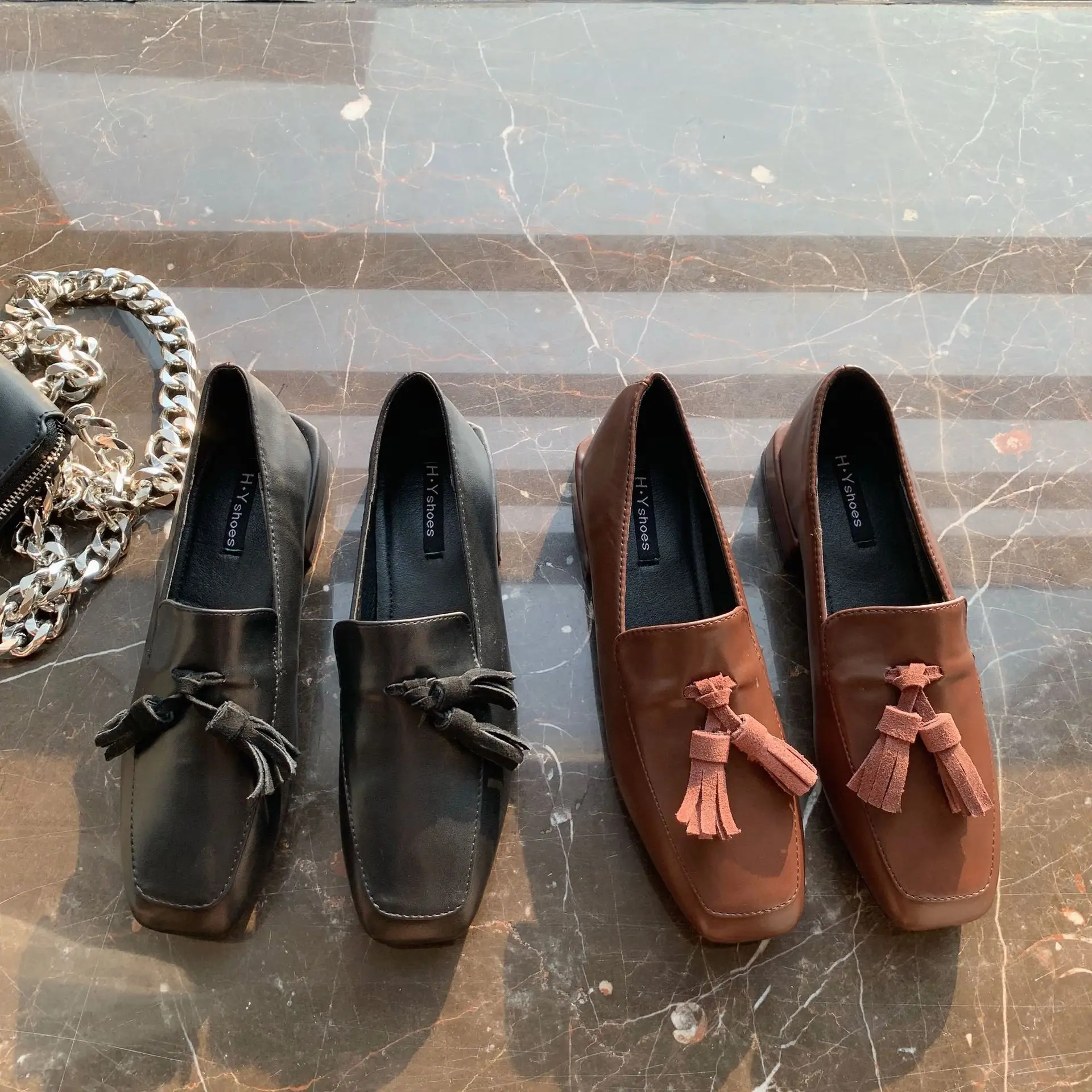 

Leather Women's Shoes Low Heels Fringe Square Toe Flats Autumn Loafers Woman Oxfords Casual Female Sneakers British Style