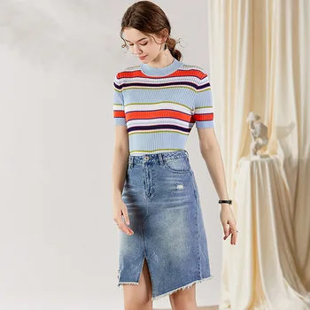 

Summer 2 Piece Set 2020 Women New Round neck Short Sleeve Striped knitted T-shirt + Irregular Denim Skirt Two Piece Set