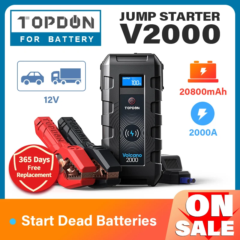 TOPDON V2000 Car Jump Starter 20800mAh 12V 2000A Peak Emergency Starter Wireless Charger Power Bank Booster Start Device
