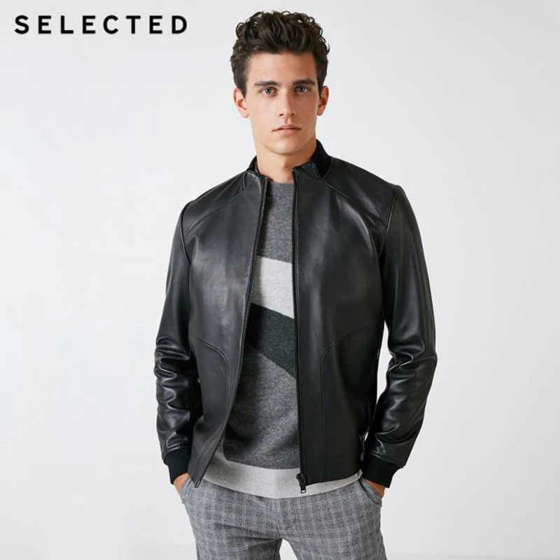 

SELECTED Men's Spring Black Sheepskin Stand-up Collar Zip-through Leather Jacket S|418310511