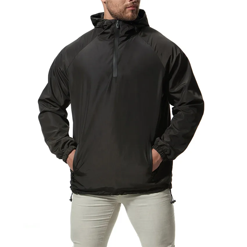 

Spring Men's Jacket Sports Casual Loose Hooded Pure Black Fashion Plus Size Half-open Collar MAGGIE'S WALKER Male Clothes Gyms