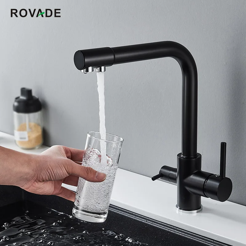 ROVADE Filter Kitchen Faucet with Drinking Water Faucet, 3 in 1 Sink Cold and Hot Mixer Kitchen Sink Tap (Black)