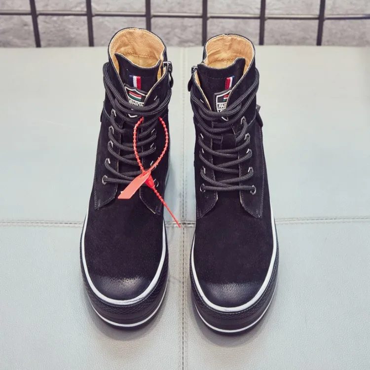 OLOMM г. Новые осенне-зимние женские ботинки на шнуровке на толстой рифленой подошве женские повседневные высокие сапоги на подъеме 9 см, LL-108 - Цвет: Black plus velvet