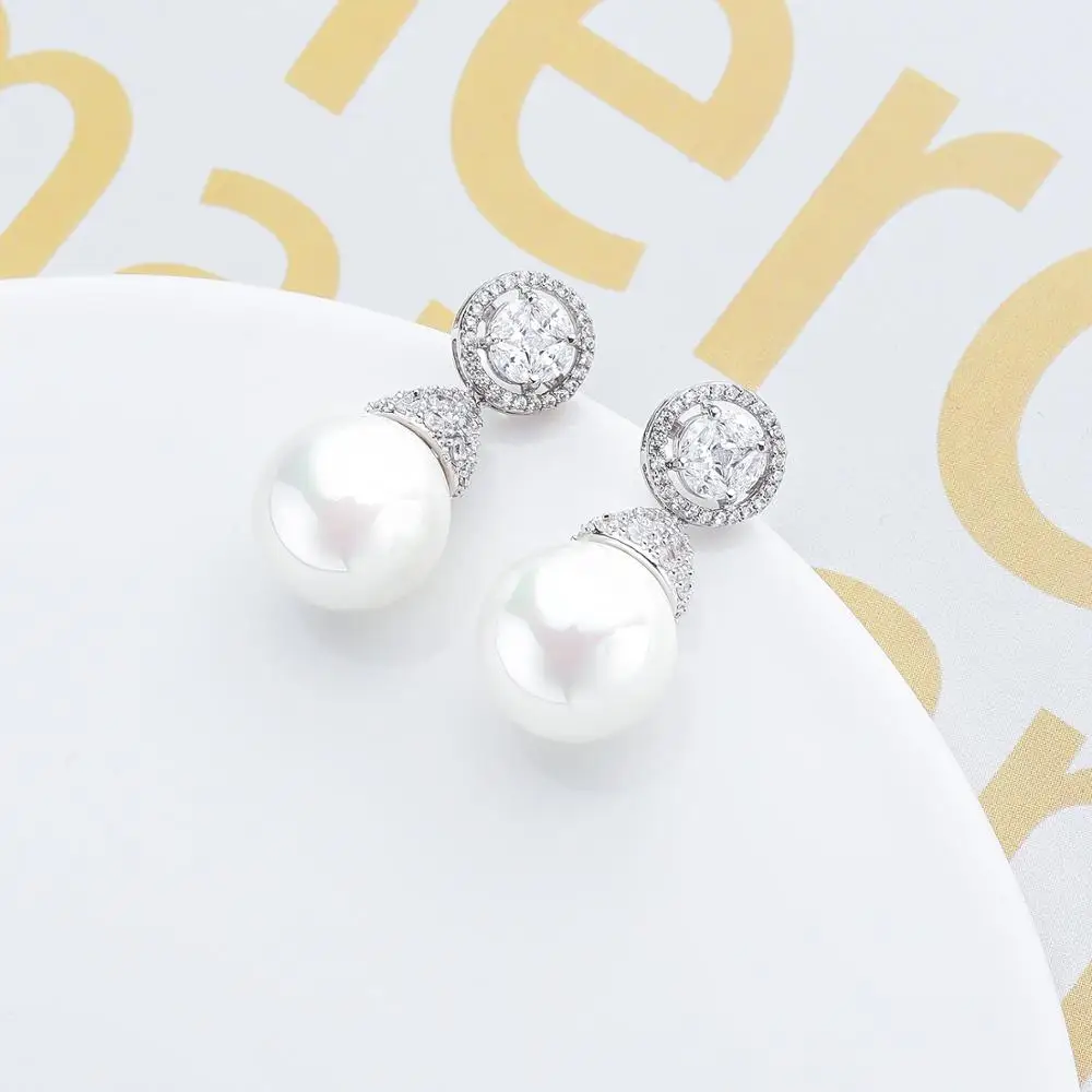 Pearl Cubic Zircon Drop Earrings for Wedding, Crystals Dangle Earring for Bride, Women Girl Gift CE10294
