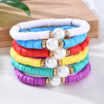

Boho Rainbow Imitation Pearl Charms Bracelet Bangle Polymer Clay Beaded Elastic Bracelets for Women