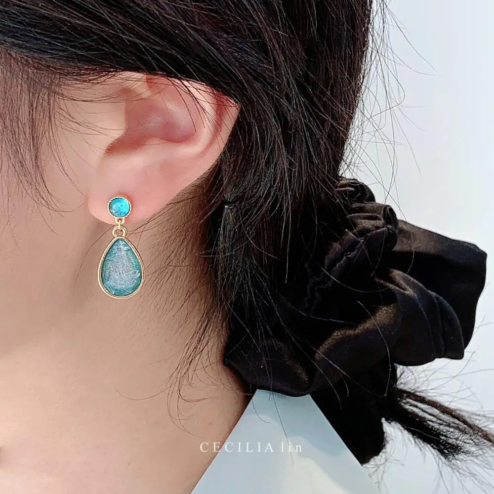 Women Ear Clip Earrings Japanese Simple Temperament Blue Crystal Stone Geometry Water Drop No Piercing Korean Gift