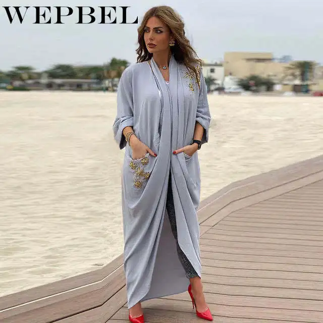

WEPBEL Women's Casual Beading Solid Color Patchwork Pocket Coat Autumn Long Sleeve Cardigan Long Coat Arab Middle East Clothing